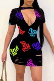 White Sexy Street Print Hollowed Out Letter O Neck One Step Skirt Dresses