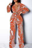 Orange Casual Print Bandage Patchwork V Neck Long Sleeve Two Pieces