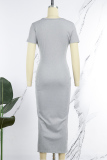 Coffee Casual Solid Basic V Neck Short Sleeve Dress Dresses