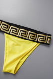 Yellow Sexy Print Patchwork Backless Swimwears