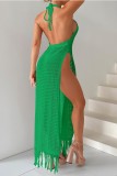 Green Sexy Solid Tassel Bandage Backless Slit Halter Beach Dress Dresses