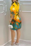 Yellow Casual Print Basic O Neck A Line Dresses