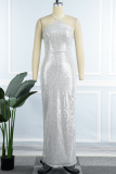 White Sexy Solid Sequins Patchwork Slit Halter Evening Dress Dresses