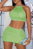 Green Sexy Pierced Patchwork Halter Sleeveless Two Pieces