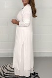 White Casual Solid Slit V Neck Long Sleeve Two Pieces