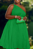 Green Pleated Sleeveless One Shoulder Casual Slim Fit Vacation A Line Midi Dress