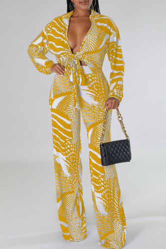 Yellow Casual Print Bandage Patchwork V Neck Long Sleeve Two Pieces