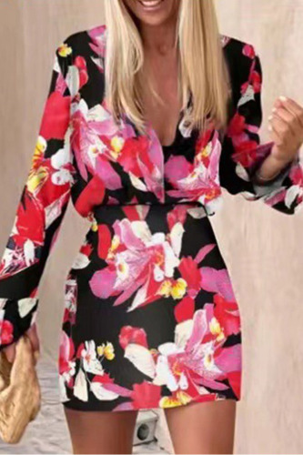 Rose Red Sexy Casual Work Print Buttons V Neck Long Sleeve Two Pieces