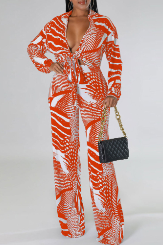 Orange Casual Print Bandage Patchwork V Neck Long Sleeve Two Pieces