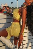 Yellow Sexy Solid Bandage Patchwork Backless Spaghetti Strap Sleeveless Two Pieces