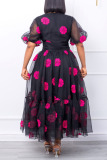Black Elegant Print Patchwork V Neck A Line Dresses