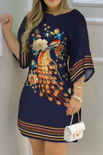 Tibetan Blue Casual Print Basic O Neck A Line Dresses
