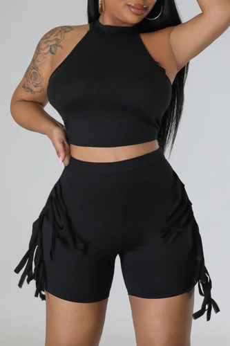 Black Casual Solid Tassel Patchwork O Neck Sleeveless Two Pieces