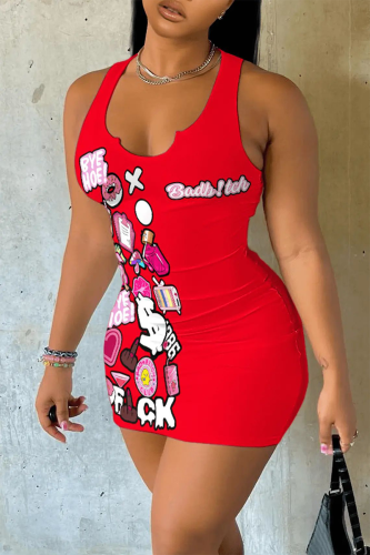 Red Sexy Print Patchwork O Neck Pencil Skirt Dresses