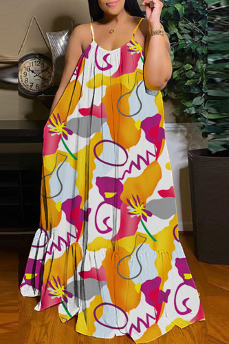 Orange Yellow Sexy Casual Print Backless Spaghetti Strap Long Dress Dresses