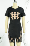 Black Casual Print Slit O Neck Short Sleeve Two Pieces