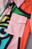 Pink Casual Street Print Patchwork Buckle Turndown Collar Shirt Dress Dresses