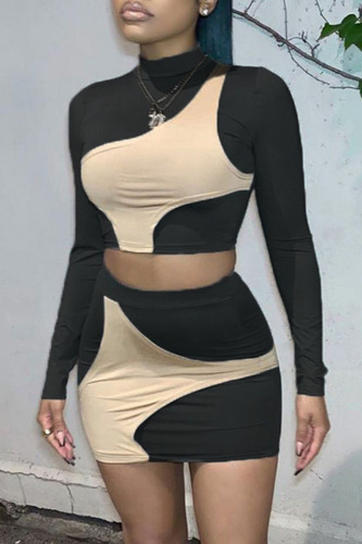 Black Casual Street Solid Patchwork Contrast Half A Turtleneck Long Sleeve Two Pieces