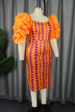 Orange Casual Print Patchwork Square Collar One Step Skirt Dresses