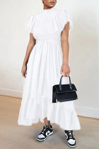 White College Solid Patchwork Buckle Flounce A Line Dresses