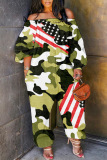 Camouflage Casual Flag Stars Print Off The Shoulder Long Sleeve Wide Leg Jumpsuit