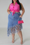 Black Casual Solid Tassel Patchwork Asymmetrical High Waist Straight Solid Color Plus Size Denim Shorts