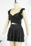 Black Sexy Solid Bandage Patchwork Flounce Square Collar Sleeveless Two Pieces