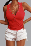 Red Casual Street Solid Buttons V Neck Tops
