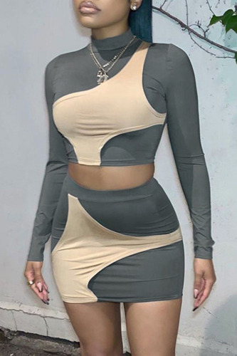 Grey Casual Street Solid Patchwork Contrast Half A Turtleneck Long Sleeve Two Pieces