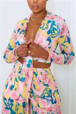 Pink Sexy Casual Sweet Floral Bandage Printing V Neck Long Sleeve Two Pieces