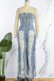 Blue Sexy Casual Solid Ripped Patchwork Backless Strapless Sleeveless Regular Denim Jumpsuits