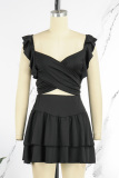 Black Sexy Solid Bandage Patchwork Flounce Square Collar Sleeveless Two Pieces