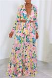 Pink Floral Print Deep V Neck Knotted Crop Top and Palazzo Pants Daily Vacation Two Piece Matching Set
