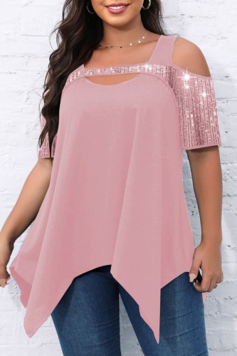 Pink Casual Solid Hollowed Out Patchwork O Neck Plus Size Tops