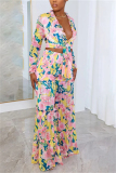 Pink Floral Print Deep V Neck Knotted Crop Top and Palazzo Pants Daily Vacation Two Piece Matching Set
