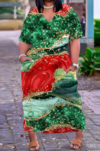 Dark Green Casual Print Patchwork V Neck Short Sleeve Dress