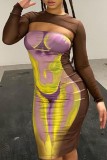 Yellow Sexy Casual Print Hollowed Out O Neck Long Sleeve Dresses