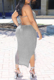 Grey Sexy Solid Bandage Hollowed Out Patchwork Backless Asymmetrical Strapless Sleeveless Two Pieces