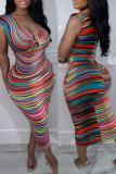 Colour Sexy Striped Print Hollowed Out V Neck Long Dress Dresses