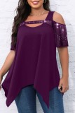 Black Casual Solid Hollowed Out Patchwork O Neck Plus Size Tops