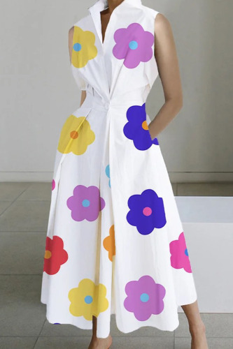 Blue Purple Casual Print Patchwork Buttons Fold Mandarin Collar A Line Dresses