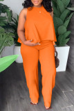 Orange Casual Solid Patchwork O Neck Plus Size Two Pieces