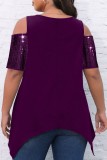 Burgundy Casual Solid Hollowed Out Patchwork O Neck Plus Size Tops