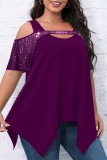 Burgundy Casual Solid Hollowed Out Patchwork O Neck Plus Size Tops