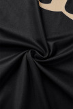 Black khaki Casual Print Slit O Neck Short Sleeve Two Pieces
