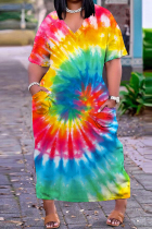 Multi-color Casual Print Patchwork V Neck Short Sleeve Dress
