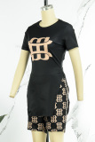 Apricot Casual Print Slit O Neck Short Sleeve Two Pieces