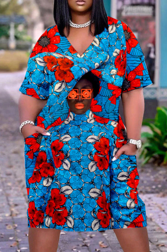 Blue Red Casual Print Patchwork V Neck Short Sleeve Dress