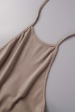 Light Coffee Sexy Solid Draw String Fold O Neck Sleeveless Dress Dresses