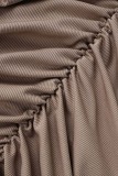 Light Coffee Sexy Solid Draw String Fold O Neck Sleeveless Dress Dresses